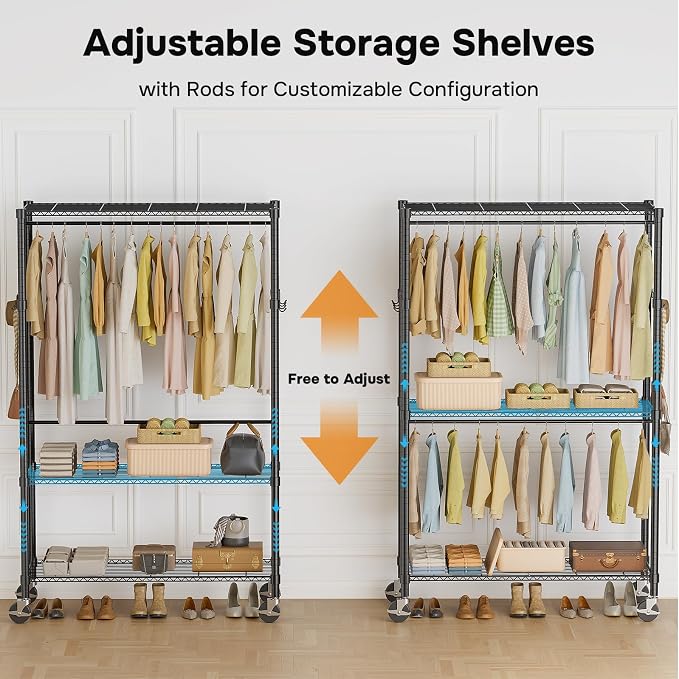 Simple Deluxe Rolling Clothes Rack, Heavy Duty Clothing Rack, 3-Shelf Portable Adjustable Wardrobe Closet with Wheels, Hanging Rods & Side Hooks, 43.3" W x 17.7" D x 80.3" H, Black