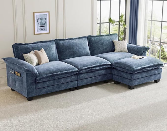 KKL 123 Inch L-Shaped Modular Sectional Sofa, 4 Seater Cloud Couch with Ottoman, Chenille Sectional Couches for Living Room, Apartment, Blue