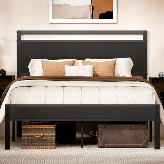 Z-hom Queen Bed Frame with Modern Wood Headboard & Footboard, Upgraded Heavy Duty Metal Sturdy Bed Frame Queen Size, Stable Platform Bed Furniture Bed Storage, No Noise, No Box Springs,Black