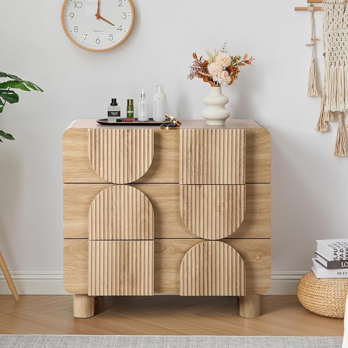 Janmer Home 3 Drawer Dressers for Bedroom, 31.5" Wide Large Mid Century Modern Fluted Nightstand, Wood Dresser & Chest of Drawers with Curved Profile for Living Room, Entryway, Hallway, Natural