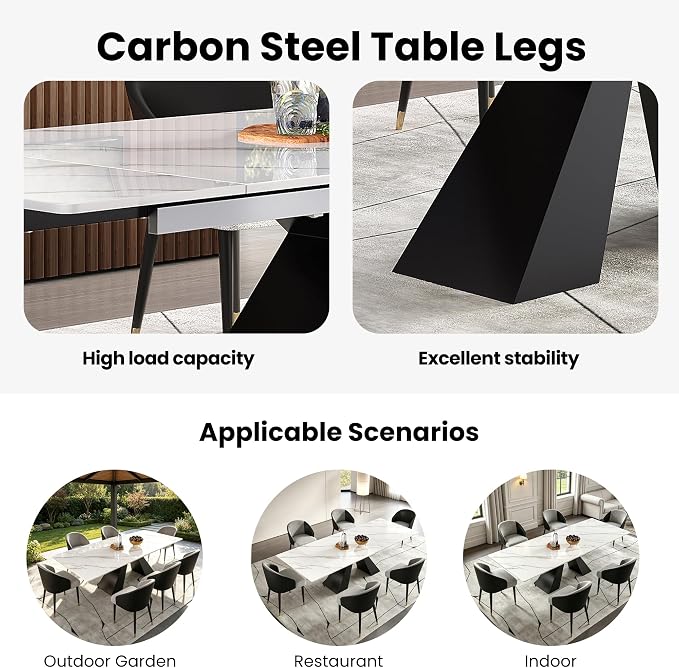 Modern Telescoping Dining Table for 8-10 People, 63-94.5 Inch Retractable White Simulated Marble Tabletop Thick Carbon Steel Base for Dining Room Kitchen Family Party