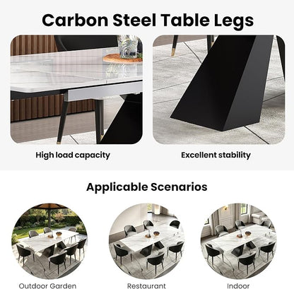 Modern Telescoping Dining Table for 8-10 People, 63-94.5 Inch Retractable White Simulated Marble Tabletop Thick Carbon Steel Base for Dining Room Kitchen Family Party