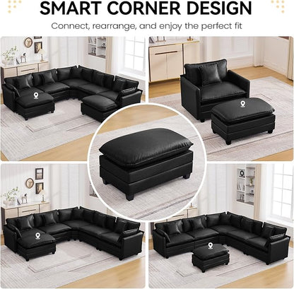 WUTUTUEE 35'' Modern Leather Cloud Sofa Ottoman,Rectangle Ottoman for Modular Sectional Sofa, Leather Black