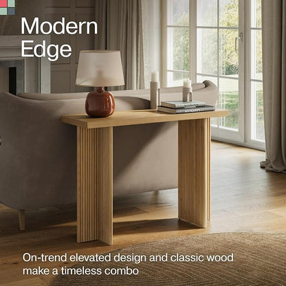 Stead Modern Console Table - Natural Oak, Fluted Solid Wood - Slim Entryway Table with Drawers & Curved Cross Base