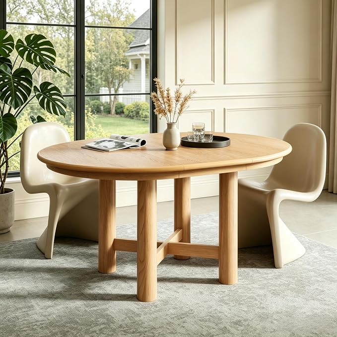 LUMISOL Extendable Round Dining Table for 4-6 People, 47”-63” Oval Kitchen Table with 16” Removable Leaf and Solid Wood Legs for Kitchen, Dining Room, Natural
