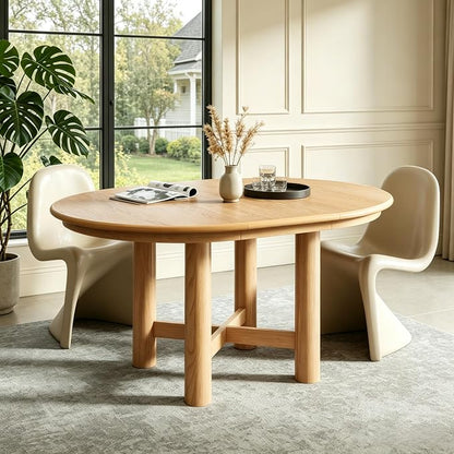 LUMISOL Extendable Round Dining Table for 4-6 People, 47”-63” Oval Kitchen Table with 16” Removable Leaf and Solid Wood Legs for Kitchen, Dining Room, Natural
