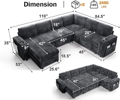 Vipbear 111" Modular Sectional Sleeper Sofa with Pull Out Bed, 7 Seat Plush Corduroy L Shaped Couch with Storage Chaise|USB Ports|Cup Holders|Side Table|Storage Armrests, Tool Free Assembly, Grey