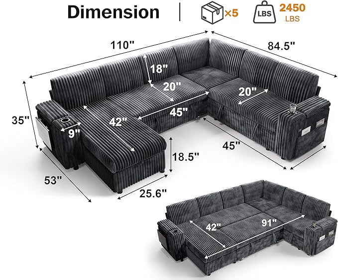 WEUP 111" Modular Sectional Sleeper Sofa with Pull Out Bed, 7 Seat Plush Corduroy L Shaped Couch with Storage Chaise|USB Ports|Cup Holders|Side Table|Storage Armrests, Tool Free Assembly, Grey