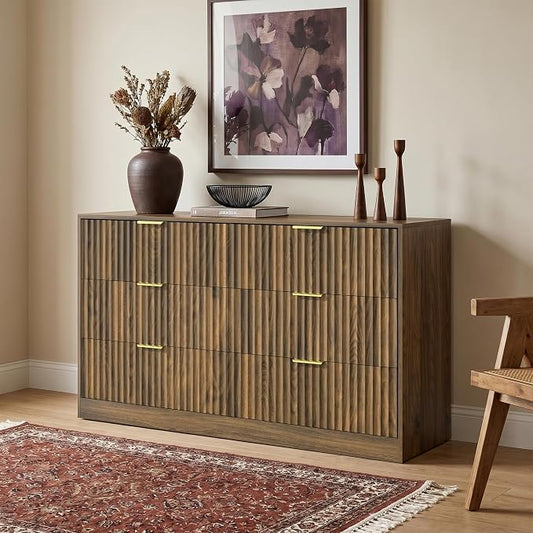 Walnut 6 Drawer Dresser for Bedroom, 55" Wide Fluted Chest of Drawers with Gold Metal Handles, Wood Dresser Storage Organizer Mid Century TV Stand for Living Room Closet Hallway