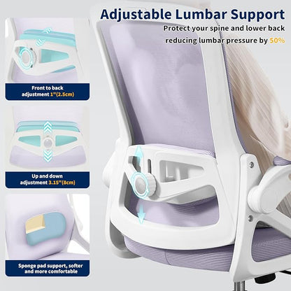 Ergonomic Office Chair, Desk Chair with Adjustable Lumbar Support, Breathable Mesh Comfy Computer Chairs with Flip-up Armrests Executive Task Chair for Adults Home Office(Lavender)