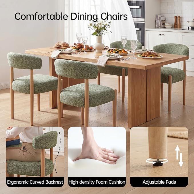 VKNOW Wooden Dining Chairs Set of 6, Modern Upholstered Dining Room Chairs with Rubberwood Legs and Curved Backrest, Fabric Kitchen Chairs for Living Room/Dining Room, Green