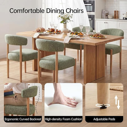 VKNOW Wooden Dining Chairs Set of 4, Modern Upholstered Dining Room Chairs with Rubberwood Legs and Curved Backrest, Fabric Kitchen Chairs for Farmhouse/Living Room/Dining Room, Green