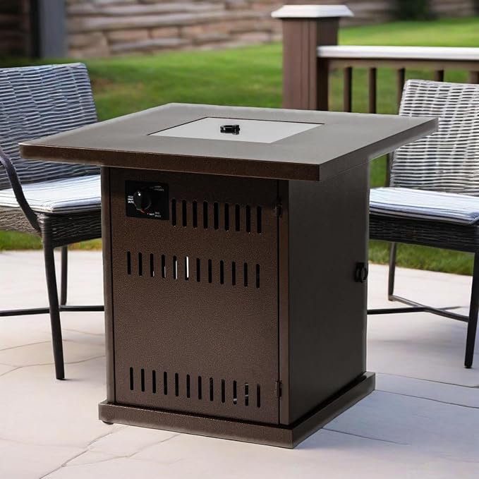 GDFStudio 28" Square Propane Gas Fire Pit Table, 50000 BTU Outdoor Steel Patio Heater with Hidden Tank Storage and Lid for Garden Deck Backyard, Brown