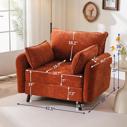 Rexulqo Oversized Accent Chair with All Seats Storage,Comfy Living Room Chairs with 2 Throw Pillow,Upholstered Mid-Century Armchair,24.5'' Deep Seat,Reading Chair for Bedroom,Office,Chenille,Orange