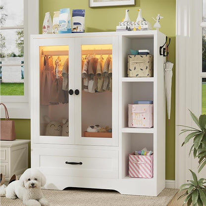 kepptory Large Pet Wardrobe Closet with LED Light, 3 Tiers Storage Shelves & Drawer, White Pet Clothes Organizer Cabinet with Hanging Rod, Multi-Functional Pet Closet for Dogs & Cats Clothing, Toys