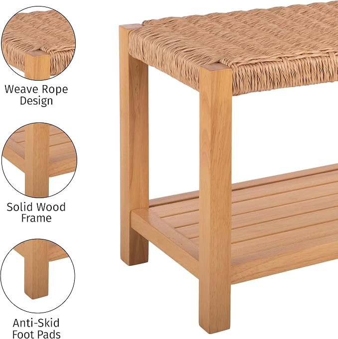 Alaterre Furniture Newport 40 Inch Solid Wood Entryway Bench - Modern Farmhouse Indoor Decorative Bench with Handcrafted Woven Rope Seat - Furniture for Entryway, Dining Room, or Kitchen (Light)