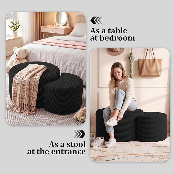 BSHOMGI Boneless Ottoman Nesting Coffee Table Set of 2,Corduroy Soft Foot Rest Movable Large Pouf Footstool for Living Room Sofa Couch Bedroom Entryway and Small Spaces No Assembly (Black)