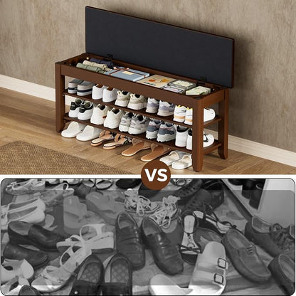 Homleke 2-Tier Solid Wood Shoe Rack Bench with Flip-Top Storage | Entryway Bench with Cushion, Adjustable Shelf, Holds Up to 10 Pairs, for Hallway, Bedroom and Closet, Walnut, 39.4 Inch