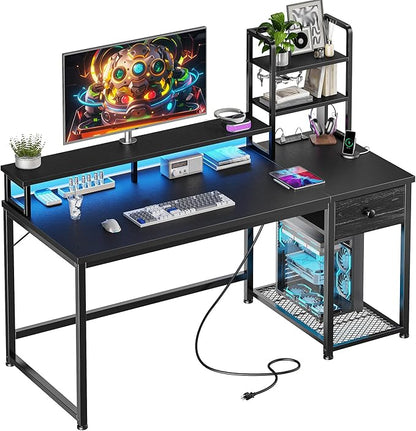 44 Inch Gaming Desk with Hutch and Drawers,Reversible Computer Desk with Monitor Shelf,Home Office Desks with USB Power Outlets and Storage,Pc Small Gaming Desk for Office with LED Lights,Black