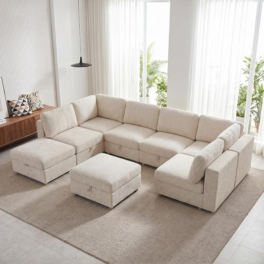 ERYE 132-Inch Oversized U Shaped Sectional Sofa 8 Seat Modular Storage Sofa Couch W/Deep Seat,Skin Friendly Plush Chenille Upholstered Corner Convertible Sectional W/Movable Ottoman