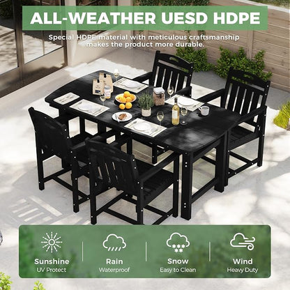HDPE Outdoor Patio Dining Set with Table & 4 Chairs, All-Weather 5-Piece Outdoor Table and Chairs, 2" Umbrella Hole, Patio Furniture for Garden, Backyard, Deck | Matte Black