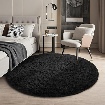 Ophanie Round Rug 4Ft Black Circle Area Rug, Room Decor for Men, Fluffy Fuzzy Bedroom Carpet, Plush Soft Shaggy Living Room Rugs for Kids Home Aesthetic, Nursery