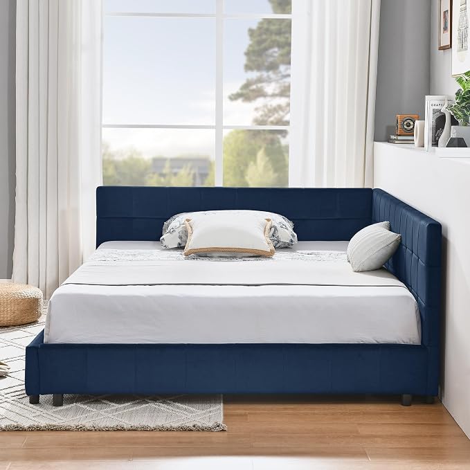 Bellemave Full Size Corner Bed Frame with Comfortable Backrest and Armrests, Velvet Tufted Corner Bed Frame Full Size, Upholstered Daybed for Bedroom, Living Room, Guest Room, Dark Blue