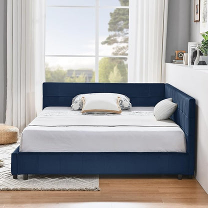 Bellemave Full Size Corner Bed Frame with Comfortable Backrest and Armrests, Velvet Tufted Corner Bed Frame Full Size, Upholstered Daybed for Bedroom, Living Room, Guest Room, Dark Blue