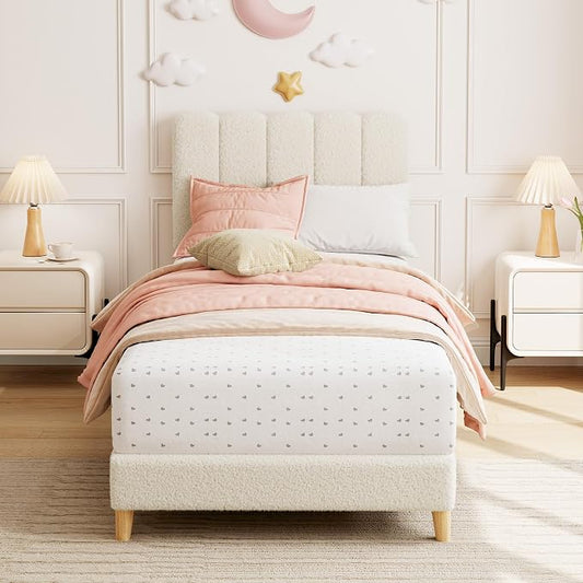 GarveeHome Twin Bed Frame, Upholstered Platform Bed with Wave Headboard for Girls/Kids, Easy Assembly, Wooden Slats Support, No Box Spring Needed, Boucle Beige