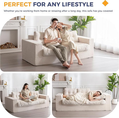 MAXYOYO 3-Seater Boneless Sofa Couch, Tufted Corded Sofa Lounge for Living Room, Comfy Bean Bag Chair High-Density Foam Couch with Pillows, No Assembly Required