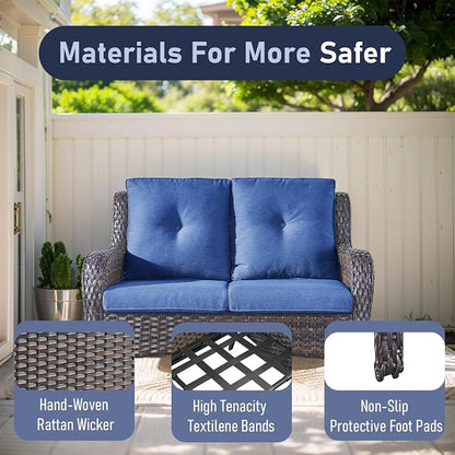 Outdoor Loveseat Sofa - 3 Piece Patio Furniture with Ottoman Deep Seating Patio Couch for Porch Deck Garden Backyard - Brown/Blue