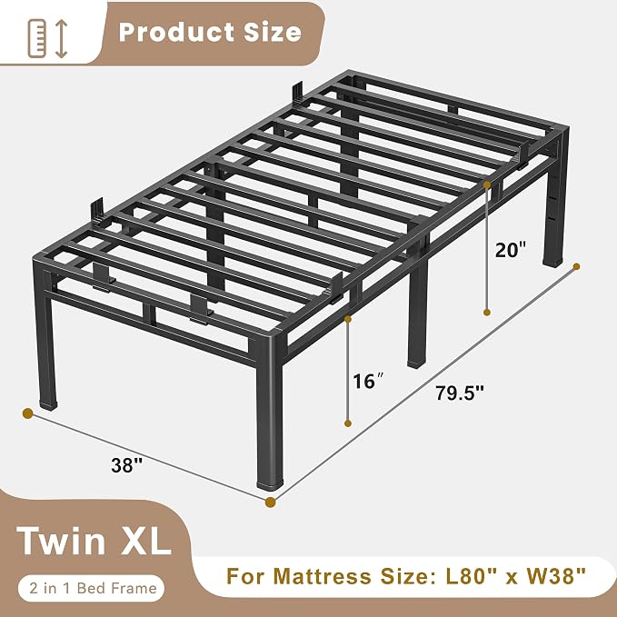 ROIL 20 Inch Twin XL Bed Frame, Metal Bed Frame & Box Spring 2 in 1 Platform with Round Corner Legs, 4000LBS Double Layer Bed Frame with Headboard Holes Mattress Baffles, Noise-Free Easy Assembly