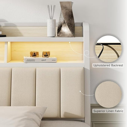 King Headboard Only with Storage, Upholstered Headboards for King Size Bed with LED Light, Charging Station, Height Adjustable, Sturdy and Stable Headboard, Off White