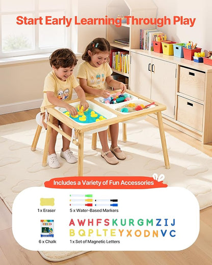 VEVOR Sensory Table for Toddlers, Wooden Kids Activity Table with 2 Stools, Double-Sided Board, Storage Bins, and Non-Slip Feet, for Boys and Girls Playing Sand and Water, Drawing, Studying, Dining