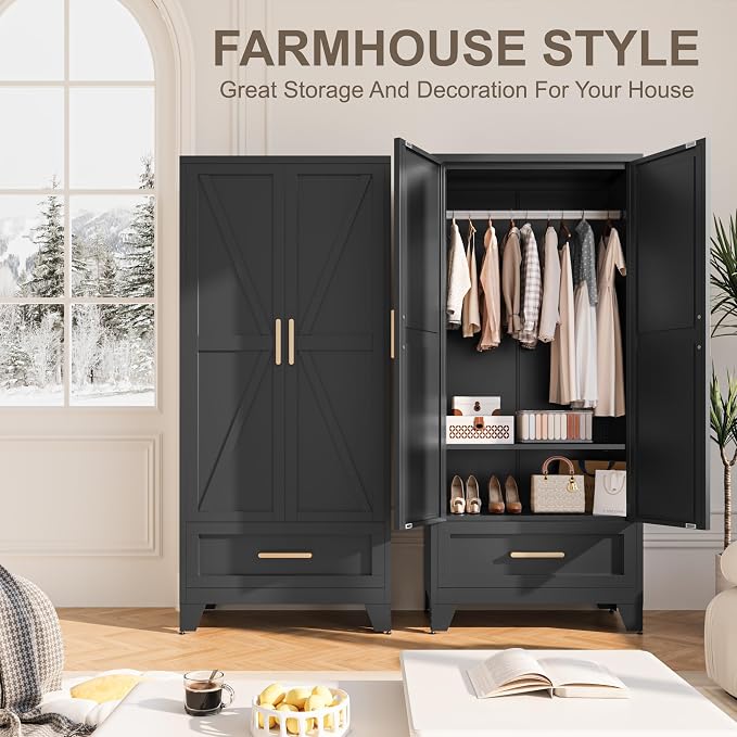 Baborokic Metal Wardrobe Cabinet,71 Armoire Wardrobe Closet with Drawers and Hanging Rod,Metal Armoire with Adjustable Shelves for Closet,Bedroom,Farmhouse Storage Cabinet with Drawer(Black)