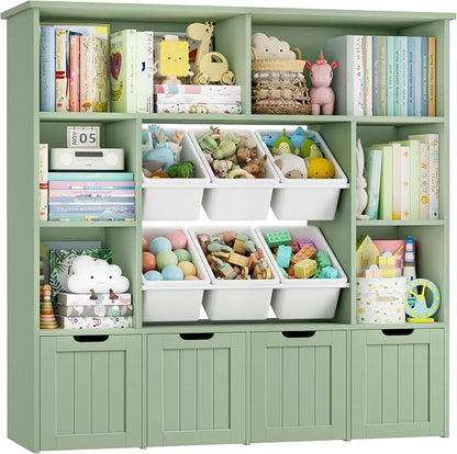 FINETONES Toy Storage Organizer with 6 Toy Bins, Large Toy Organizers and Storage with 4 Movable Drawers and 6 Storage Cubbies, Kids Toy Storage and Toy Chest for Playroom and Kids Room, Green | Toy Storage Organizer and Kids Bookshlef with Toy Bins