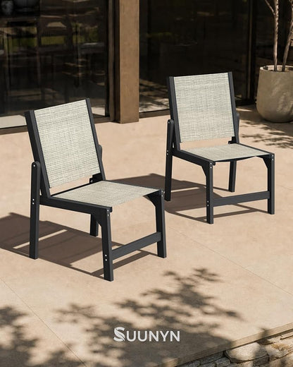 HDPE Outdoor Patio Dining Set with Table & 4 Stackable Armless Textilene Chairs, All-Weather 5-Piece Dining Table Set with Umbrella Hole, Patio Furniture for Garden, Poolside, Backyard, Deck | Black