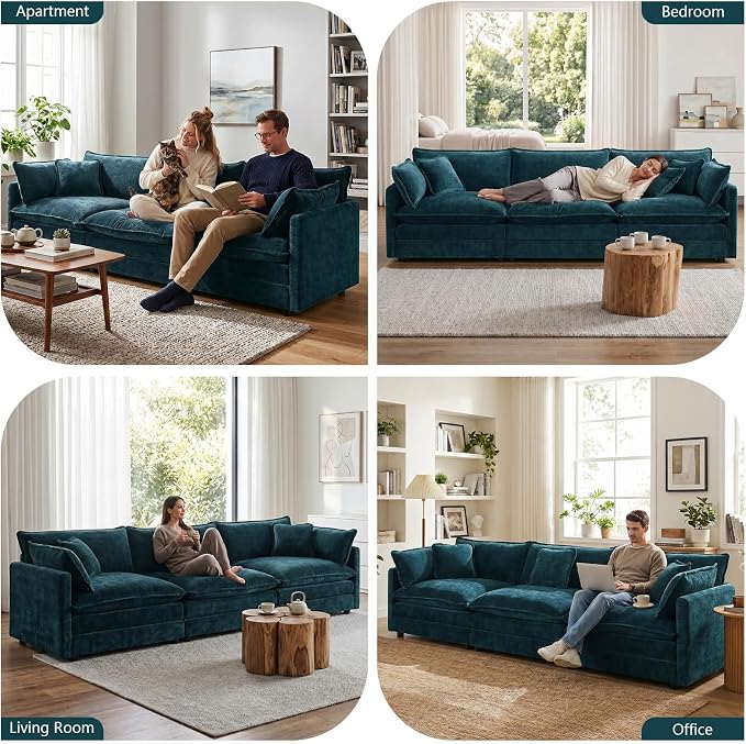GNIXUU 111.5“ Chenille Modular Sectional Sofa with Movable Ottoman, Comfy Cloud Couch, Deep Seat, 3 Seater Sectional Couches for Living Room, Apartment, Office(Blue)