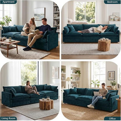 GNIXUU 111.5“ Chenille Modular Sectional Sofa with Movable Ottoman, Comfy Cloud Couch, Deep Seat, 3 Seater Sectional Couches for Living Room, Apartment, Office(Blue)