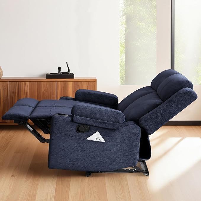 55" RV Loveseat Recliner – Space-Saving Double Reclining RV Sofa, Compact Theater Seating with Cup Holders & Storage Pocket, Blue Chenille Couch for Camper, Motorhome & Home Theater