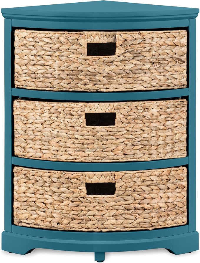 eHemco Hampton Meadows 3 Tier X-Side Corner Table Storage Cabinet, Teal | 3 Wicker Baskets
