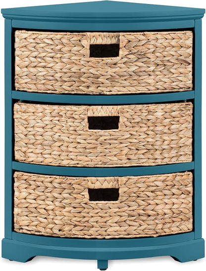 eHemco Hampton Meadows 3 Tier X-Side Corner Table Storage Cabinet, Teal | 3 Wicker Baskets