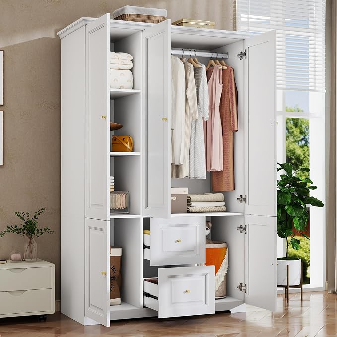 Armoire Wardrobe Closet with Drawers: 74" White Wardrobe with 2 Drawers, 3 Doors Bedroom Armoires with Hanging Rod, Tall Closet Cabinet for Hanging Clothes (47")