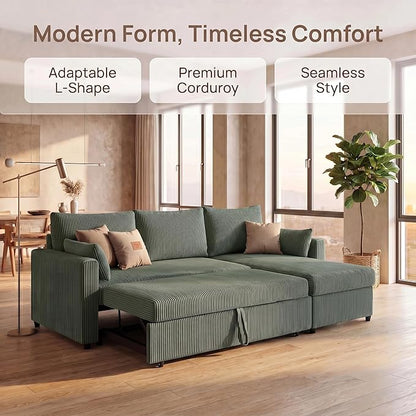 Queen Sleeper Sofa, Convertible Sofa Bed with Storage, 85 Inch Sectional Couch with Pull Out Bed, L Shaped 3 Seat Sectional Sleeper Sofa for Living Room, Apartment, Green