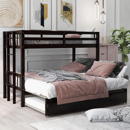 RUNNA Twin Over Twin/Queen Bunk Bed with Trundle, Pull-Out, Espresso | Twin over twin/queen bunk bed with trundle,stretchable pull-out bed,solid wood,guardrails,no box spring needed,espresso