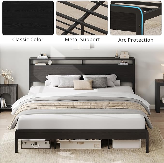 LIKIMIO King Bed Frame with Headboard, Dark Wood Camas King with Strong Supports, Sturdy, Noise-Free, No Box Spring Needed, Classic Black