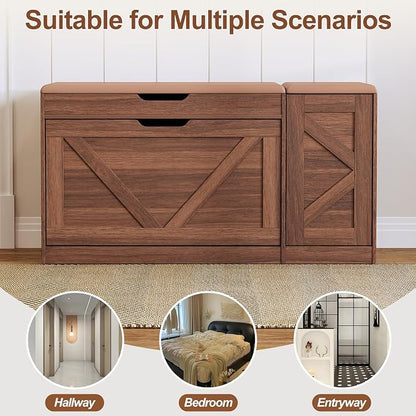 34" Storage Bench with Flip Drawers and Barn Doors, Adjustable Shelf, Flip-up Cabinet & Padded Cushion - Space-Saving Shoe Cabinet, Organizer for Entryway, Hallway, Bedroom