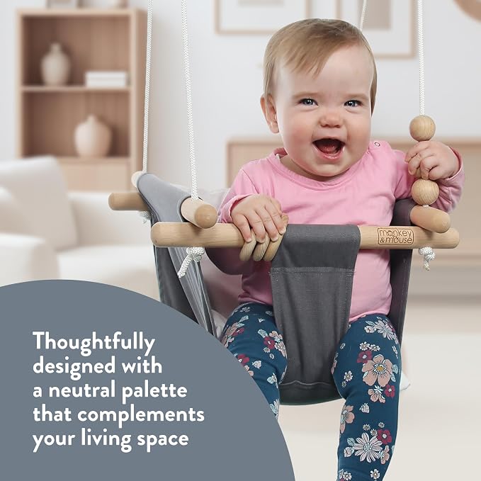 Monkey & Mouse Baby Swing, Grey White Indoor Outdoor Portable Hanging Chair - Infant & Toddler Kids 6 Months - 4 Years, Cotton Canvas & Beech Wood Frame, Sensory Hammock Boy & Girl Seat w/Wooden Toys