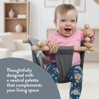 Monkey & Mouse Baby Swing, Grey White Indoor Outdoor Portable Hanging Chair - Infant & Toddler Kids 6 Months - 4 Years, Cotton Canvas & Beech Wood Frame, Sensory Hammock Boy & Girl Seat w/Wooden Toys