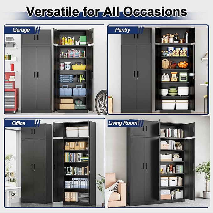 BESFUR Metal Storage Cabinet 87" H,Tall Locking Storage Cabinets with Top Cabinet and 4 Adjustable Shelves for Home Office, Garage,School, Apartment, Warehouse, Utility Room，Black